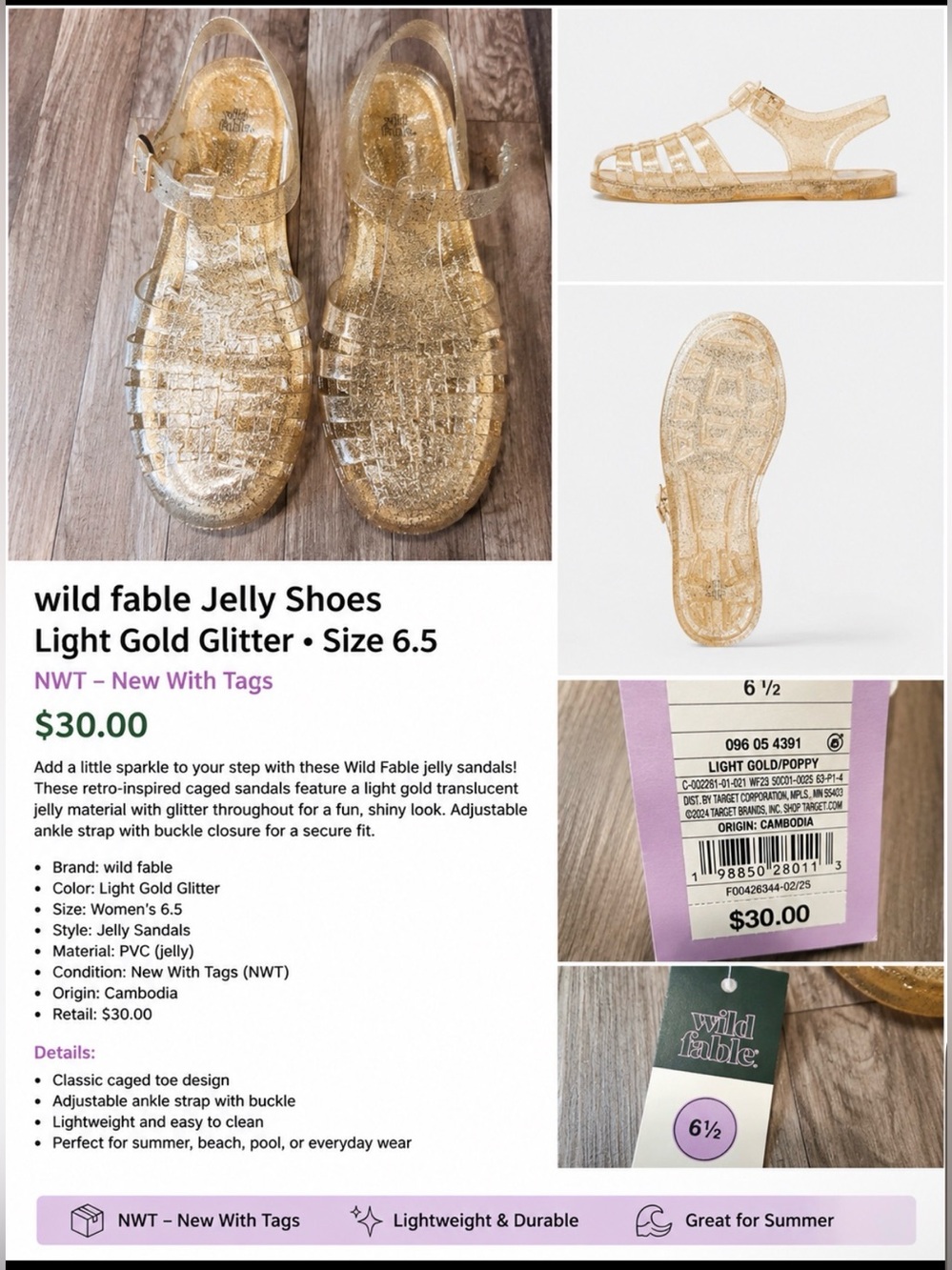 NWT Wild Fable Gold Glitter Jelly Sandals Women’s Size 6.5 Light Gold Shoes